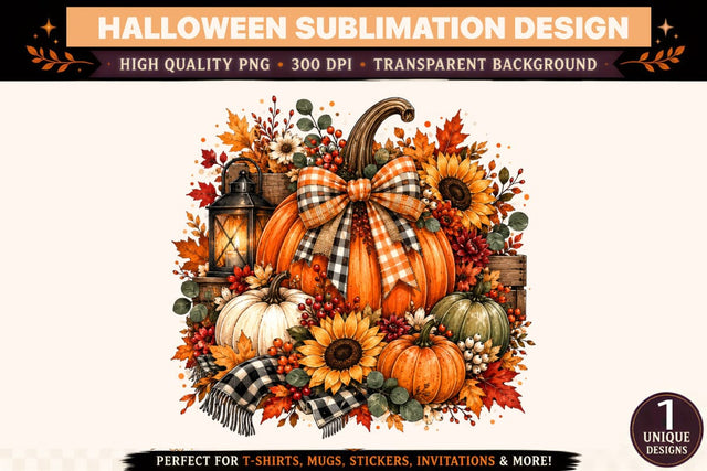 Fall Pumpkin PNG Sublimation Design, Large Orange Pumpkin with Buffalo Plaid Bow, Sunflowers, Autumn Leaves, Red Berries, Rustic Lantern and Farmhouse Thanksgiving Harvest Clipart Sublimation BlackCatsMedia 