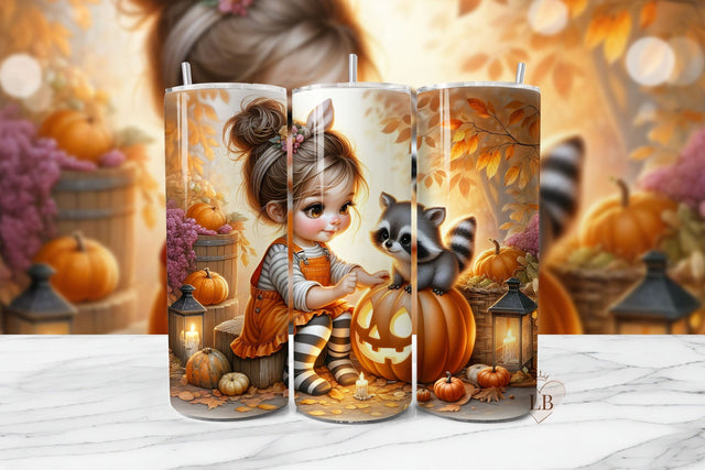 Fall Pumpkin Raccoon Girl Tumbler Wrap PNG Sublimation BijouBay 