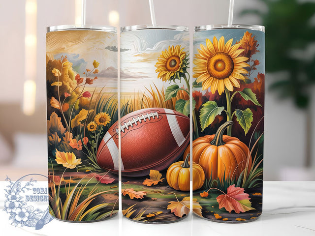 Fall Pumpkin Sunflower Football Tumbler, Pumpkin Sunflower Cup, 20Oz Sublimation Wrap, Autumn Sports Drinkware, Game Day Fall Gift, Seasonal Mug Design, Harvest Football Tumbler Sublimation ToriDesigns 