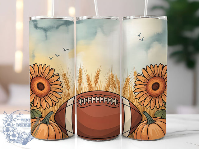 Fall Pumpkin Sunflower Football Tumbler, Pumpkin Sunflower Cup, 20Oz Sublimation Wrap, Autumn Sports Drinkware, Game Day Fall Gift, Seasonal Mug Design, Harvest Football Tumbler Sublimation ToriDesigns 