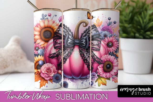 Fall Pumpkin Tumbler Wrap - Coquette Bow Tumbler Sublimation Sublimation OrangeBrushStudio 