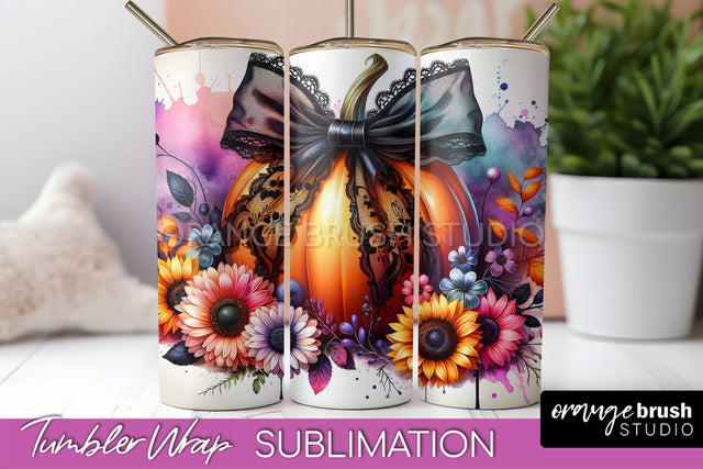 Fall Pumpkin Tumbler Wrap - Coquette Bow Tumbler Sublimation Sublimation OrangeBrushStudio 