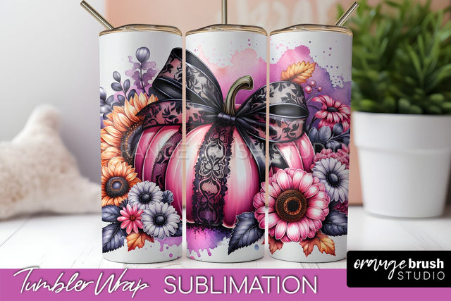 Fall Pumpkin Tumbler Wrap - Coquette Bow Tumbler Sublimation Sublimation OrangeBrushStudio 