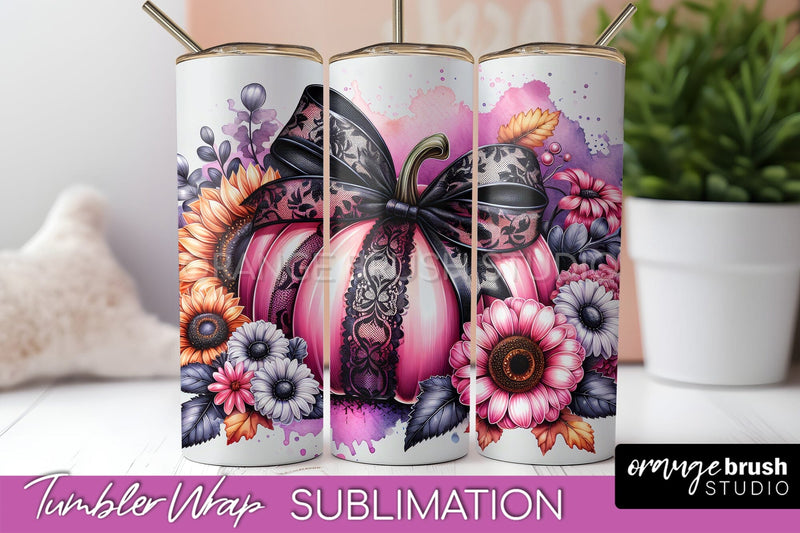 Fall Pumpkin Tumbler Wrap - Coquette Bow Tumbler Sublimation Sublimation OrangeBrushStudio 