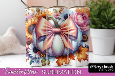 Fall Pumpkin Tumbler Wrap - Coquette Bow Tumbler Sublimation Sublimation OrangeBrushStudio 