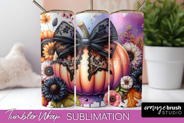 Fall Pumpkin Tumbler Wrap - Coquette Bow Tumbler Sublimation Sublimation OrangeBrushStudio 