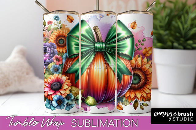 Fall Pumpkin Tumbler Wrap - Coquette Bow Tumbler Sublimation Sublimation OrangeBrushStudio 