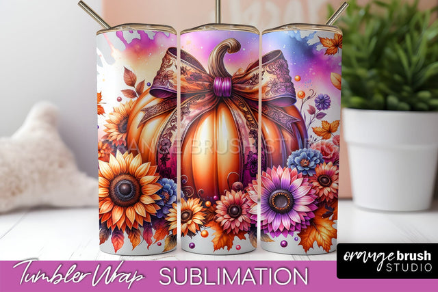 Fall Pumpkin Tumbler Wrap - Coquette Bow Tumbler Sublimation Sublimation OrangeBrushStudio 