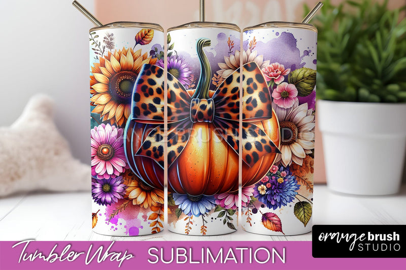 Fall Pumpkin Tumbler Wrap - Coquette Bow Tumbler Sublimation Sublimation OrangeBrushStudio 