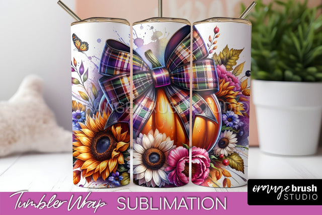 Fall Pumpkin Tumbler Wrap - Coquette Bow Tumbler Sublimation Sublimation OrangeBrushStudio 
