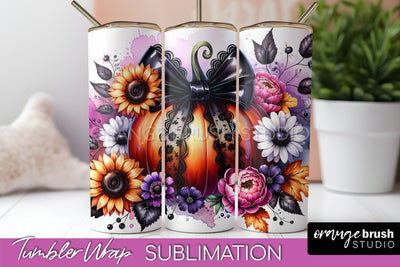 Fall Pumpkin Tumbler Wrap - Coquette Bow Tumbler Sublimation Sublimation OrangeBrushStudio 