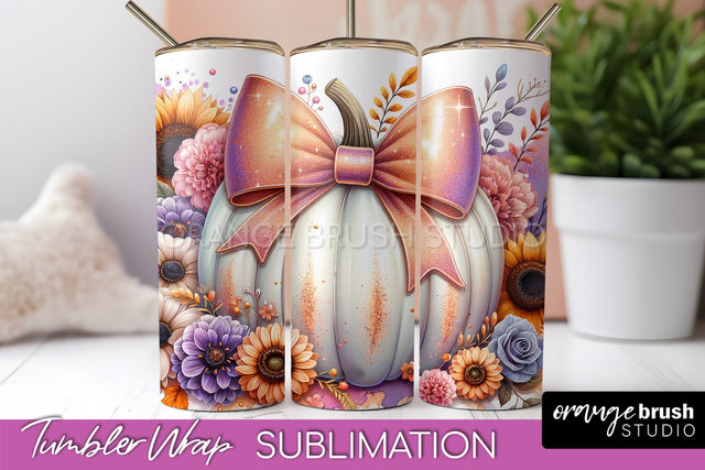 Fall Pumpkin Tumbler Wrap - Coquette Bow Tumbler Sublimation Sublimation OrangeBrushStudio 