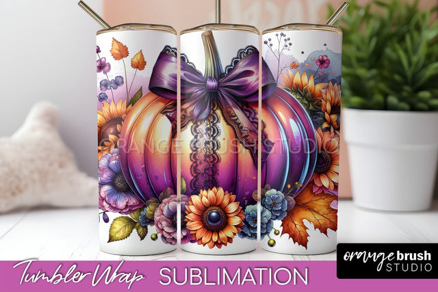 Fall Pumpkin Tumbler Wrap - Coquette Bow Tumbler Sublimation Sublimation OrangeBrushStudio 