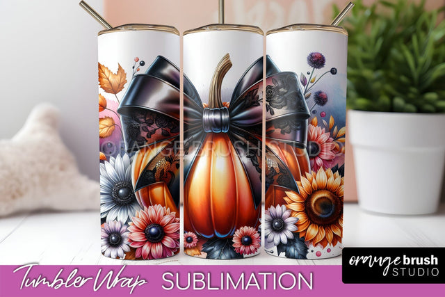 Fall Pumpkin Tumbler Wrap - Coquette Bow Tumbler Sublimation Sublimation OrangeBrushStudio 