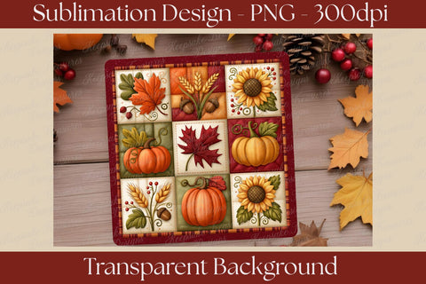 Fall Quilt Coaster Set Sublimation PNG, Pumpkin Patchwork Theme, Autumn Home Decor, Digital Download Sublimation Keepsake Treasures Designs LLC. 