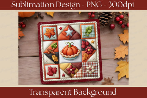 Fall Quilt Coaster Set Sublimation PNG, Pumpkin Patchwork Theme, Autumn Home Decor, Digital Download Sublimation Keepsake Treasures Designs LLC. 