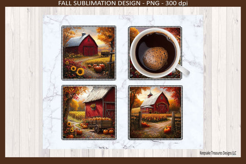 Fall Red Barn Square Coasters #1 Sublimation Png, Autumn Home Decor, Digital Download Sublimation Keepsake Treasures Designs LLC. 