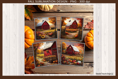 Fall Red Barn Square Coasters #1 Sublimation Png, Autumn Home Decor, Digital Download Sublimation Keepsake Treasures Designs LLC. 