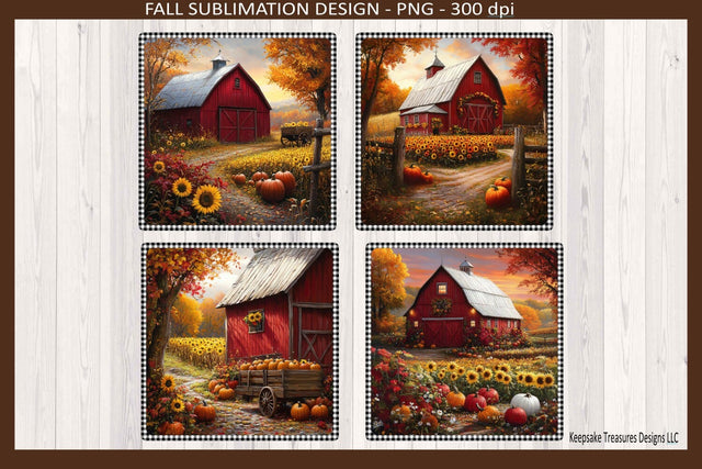 Fall Red Barn Square Coasters #1 Sublimation Png, Autumn Home Decor, Digital Download Sublimation Keepsake Treasures Designs LLC. 