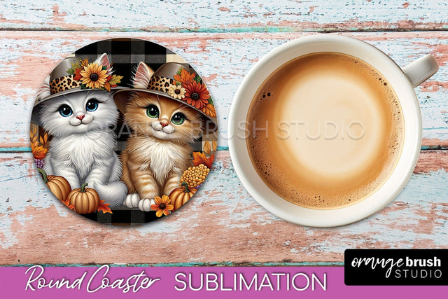 Fall Round Coaster - Cute Cat Coaster Sublimation Design Sublimation OrangeBrushStudio 