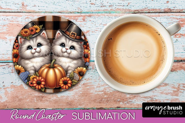 Fall Round Coaster - Cute Cat Coaster Sublimation Design Sublimation OrangeBrushStudio 