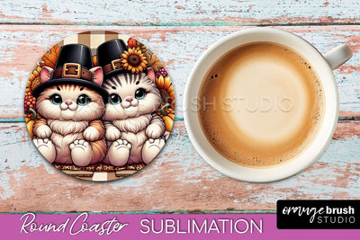 Fall Round Coaster - Cute Cat Coaster Sublimation Design Sublimation OrangeBrushStudio 