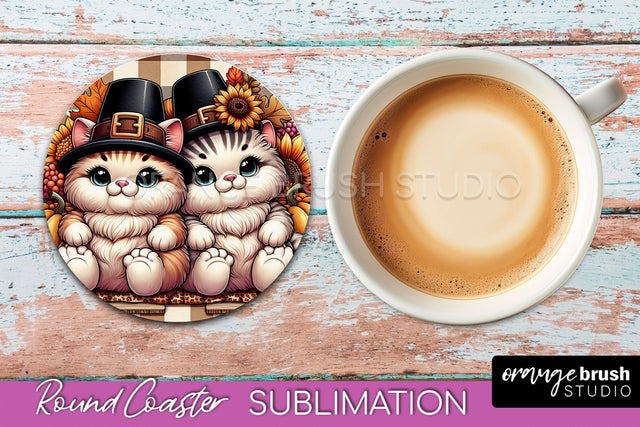 Fall Round Coaster - Cute Cat Coaster Sublimation Design Sublimation OrangeBrushStudio 
