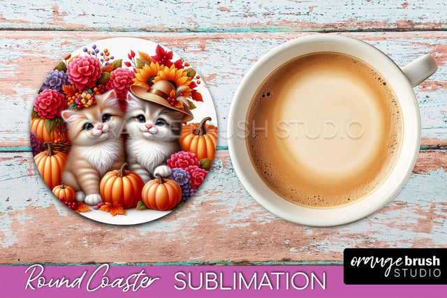Fall Round Coaster - Cute Cat Coaster Sublimation Design Sublimation OrangeBrushStudio 