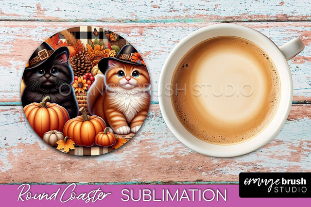 Fall Round Coaster - Cute Cat Coaster Sublimation Design Sublimation OrangeBrushStudio 