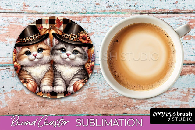 Fall Round Coaster - Cute Cat Coaster Sublimation Design Sublimation OrangeBrushStudio 