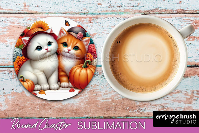 Fall Round Coaster - Cute Cat Coaster Sublimation Design Sublimation OrangeBrushStudio 