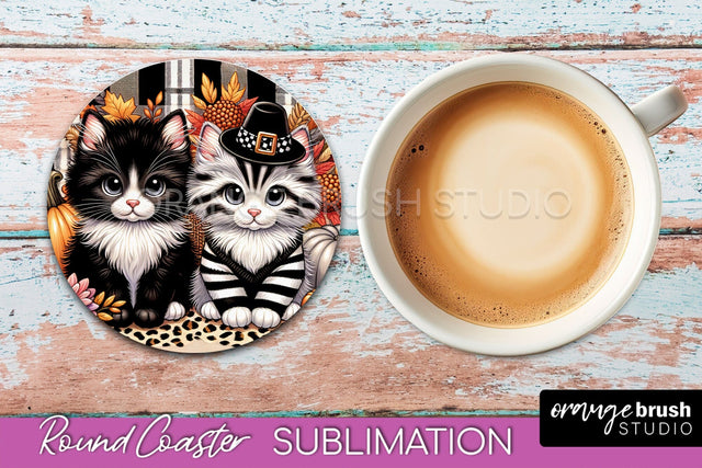 Fall Round Coaster - Cute Cat Coaster Sublimation Design Sublimation OrangeBrushStudio 