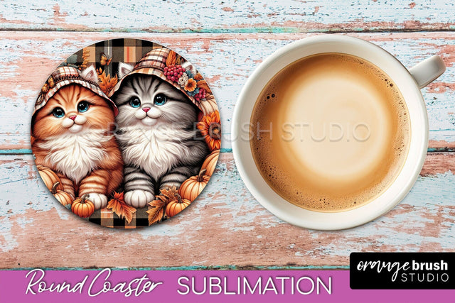 Fall Round Coaster - Cute Cat Coaster Sublimation Design Sublimation OrangeBrushStudio 