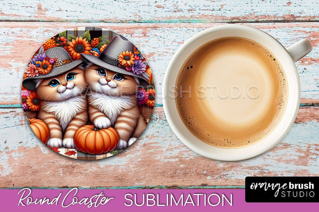 Fall Round Coaster - Cute Cat Coaster Sublimation Design Sublimation OrangeBrushStudio 