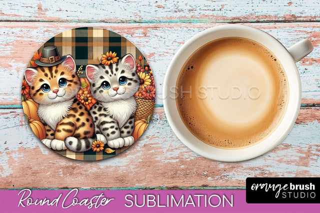 Fall Round Coaster - Cute Cat Coaster Sublimation Design Sublimation OrangeBrushStudio 
