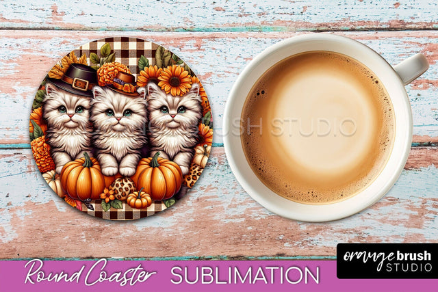 Fall Round Coaster - Cute Cat Coaster Sublimation Design Sublimation OrangeBrushStudio 