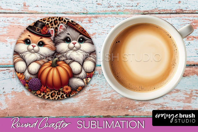 Fall Round Coaster - Cute Cat Coaster Sublimation Design Sublimation OrangeBrushStudio 