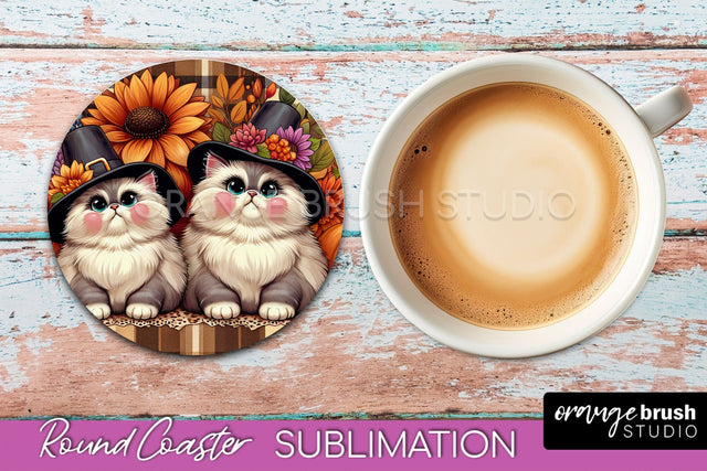 Fall Round Coaster - Cute Cat Coaster Sublimation Design Sublimation OrangeBrushStudio 
