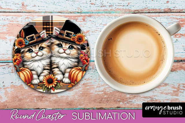 Fall Round Coaster - Cute Cat Coaster Sublimation Design Sublimation OrangeBrushStudio 