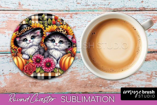 Fall Round Coaster - Cute Cat Coaster Sublimation Design Sublimation OrangeBrushStudio 