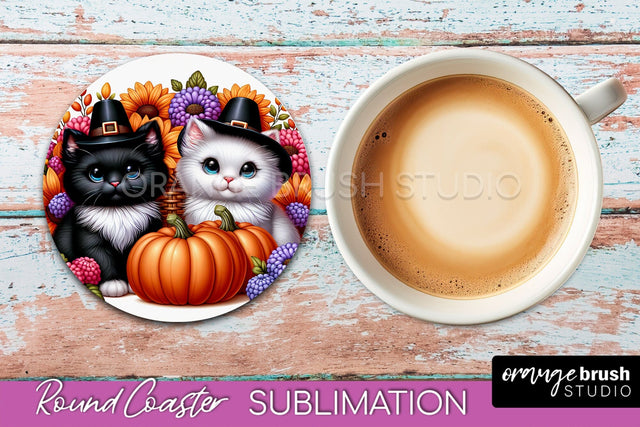 Fall Round Coaster - Cute Cat Coaster Sublimation Design Sublimation OrangeBrushStudio 