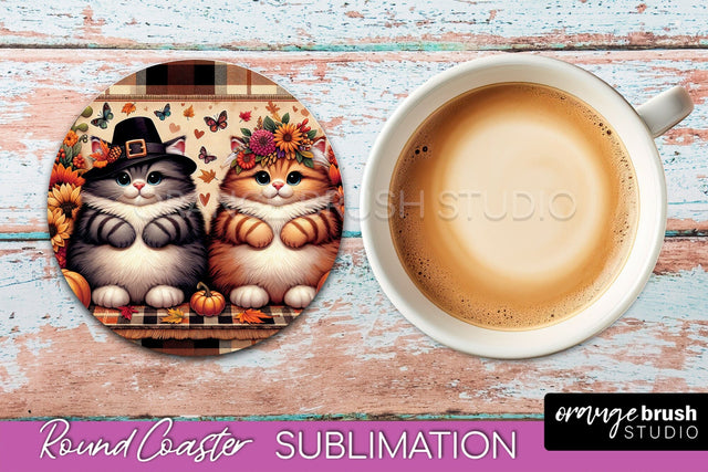 Fall Round Coaster - Cute Cat Coaster Sublimation Design Sublimation OrangeBrushStudio 