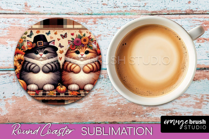 Fall Round Coaster - Cute Cat Coaster Sublimation Design Sublimation OrangeBrushStudio 