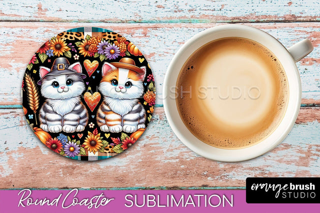 Fall Round Coaster - Cute Cat Coaster Sublimation Design Sublimation OrangeBrushStudio 