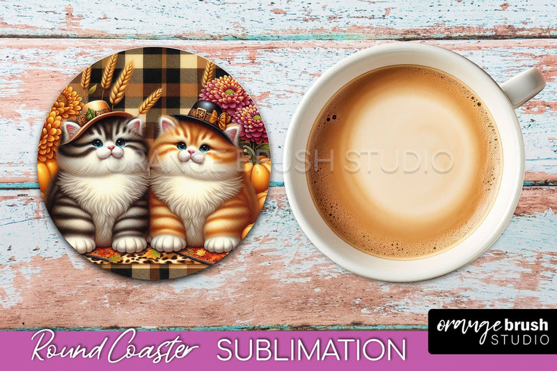 Fall Round Coaster - Cute Cat Coaster Sublimation Design Sublimation OrangeBrushStudio 
