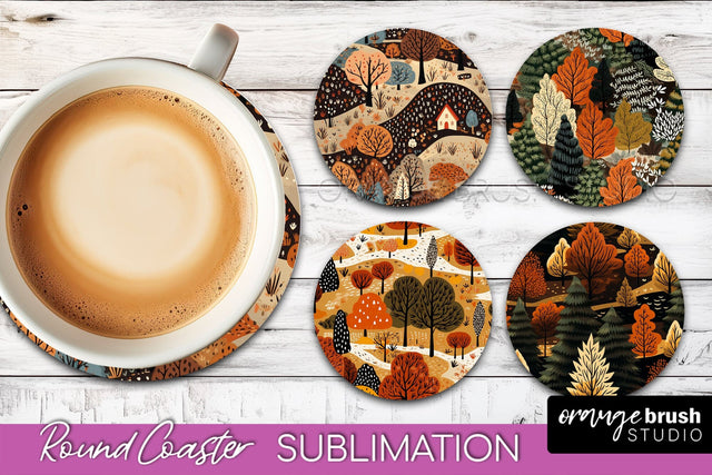 Fall Round Coasters - Autumn Forest Coaster Sublimation Sublimation OrangeBrushStudio 
