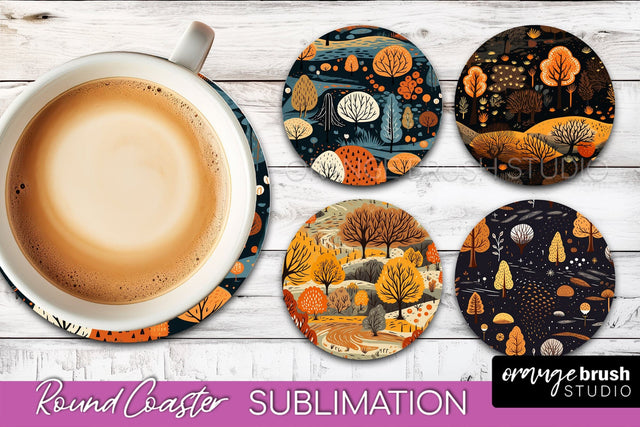 Fall Round Coasters - Autumn Forest Coaster Sublimation Sublimation OrangeBrushStudio 