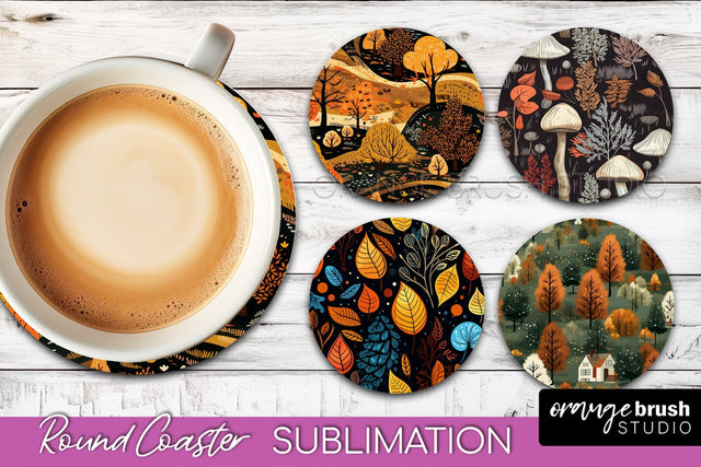 Fall Round Coasters - Autumn Forest Coaster Sublimation Sublimation OrangeBrushStudio 