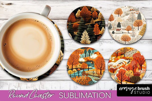 Fall Round Coasters - Autumn Forest Coaster Sublimation Sublimation OrangeBrushStudio 