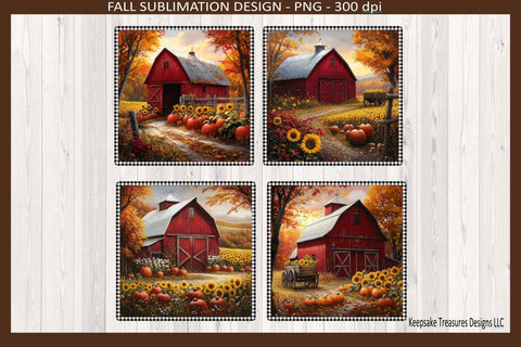 Fall Rustic Red Barn Square Coaster Set #2, Sublimation Png Template, Autumn Home Decor Sublimation Keepsake Treasures Designs LLC. 